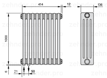 Схема (чертеж) Радиатор Zehnder Charleston 4100/9 №3370 Белый глянцевый RAL 9016